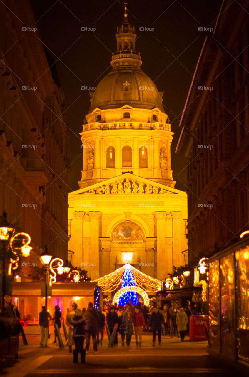 People In The Street In Front Of A Church At Christmas Time In Budapest, Hungary
