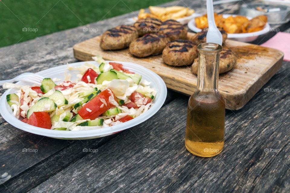 Food and drink on the wooden table