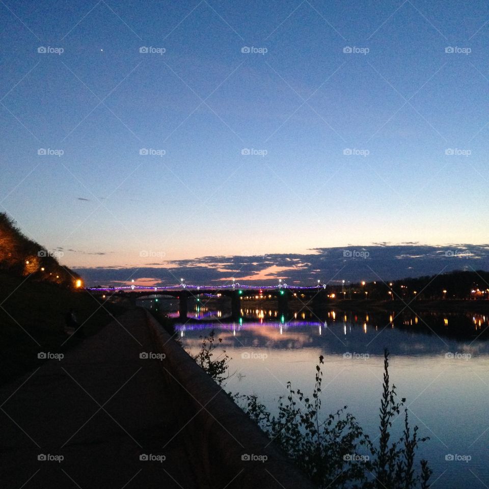 Sunset, Water, Bridge, City, Evening