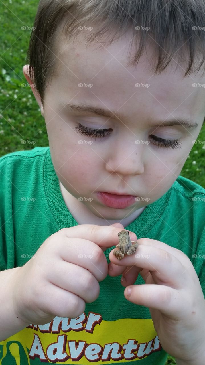 Close-up of little boy with small frog on hand