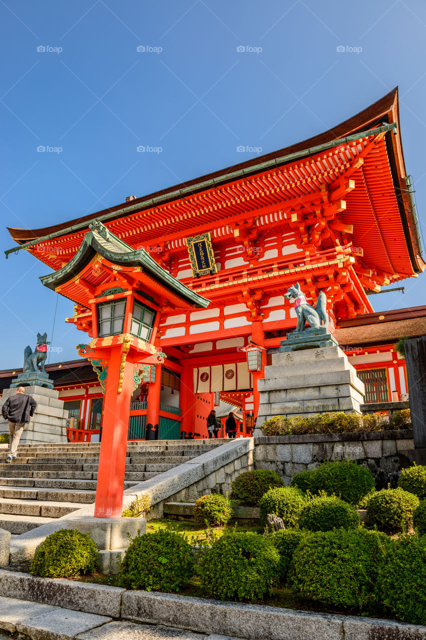 Fushimi Inari Taisha Shrine. Fushimi Inari Taisha is a shinto shrine located in Southern Kyoto, Japan. It features thousands of red torii gates.