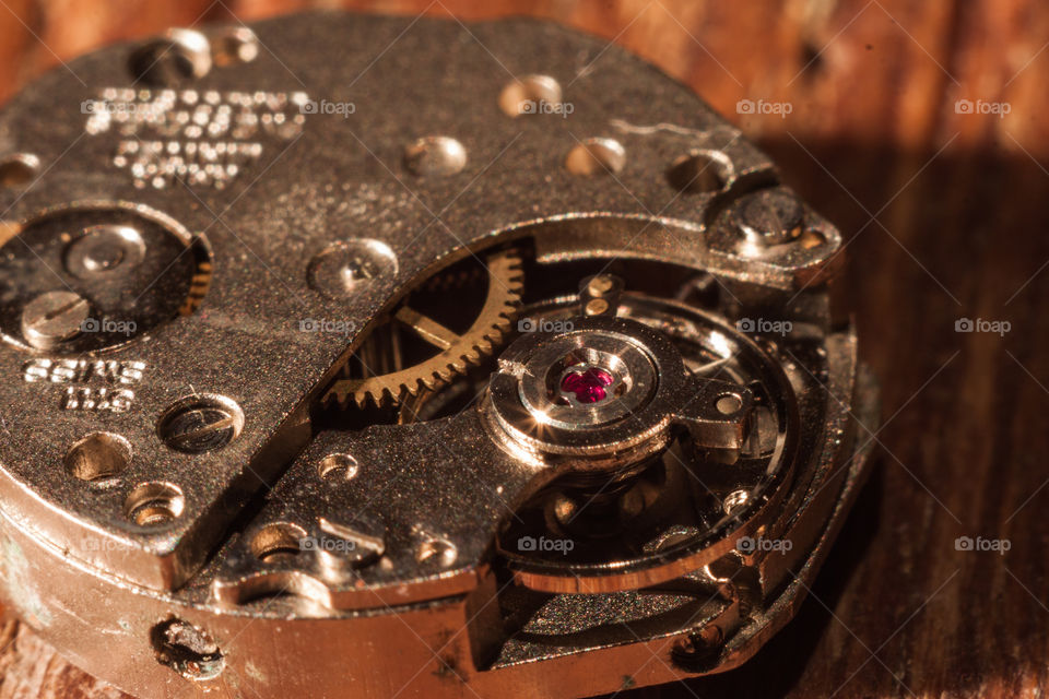 Retro watch mechanism macro view.