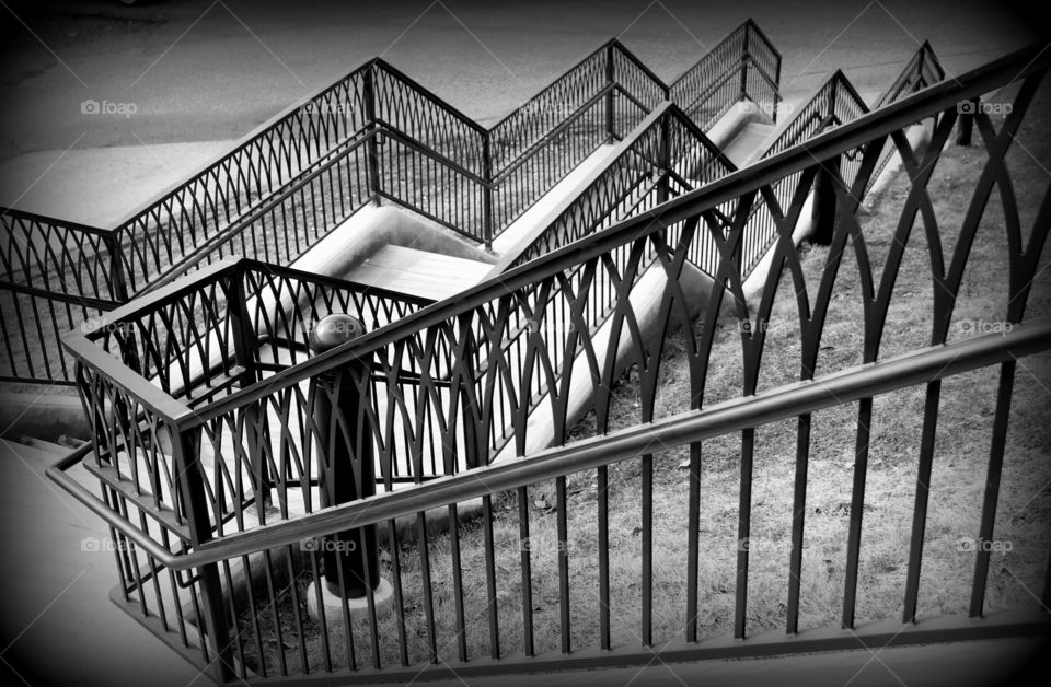 A descending staircase in black and white 