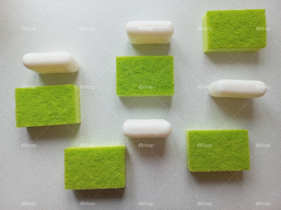 rectangular sponges and soap.