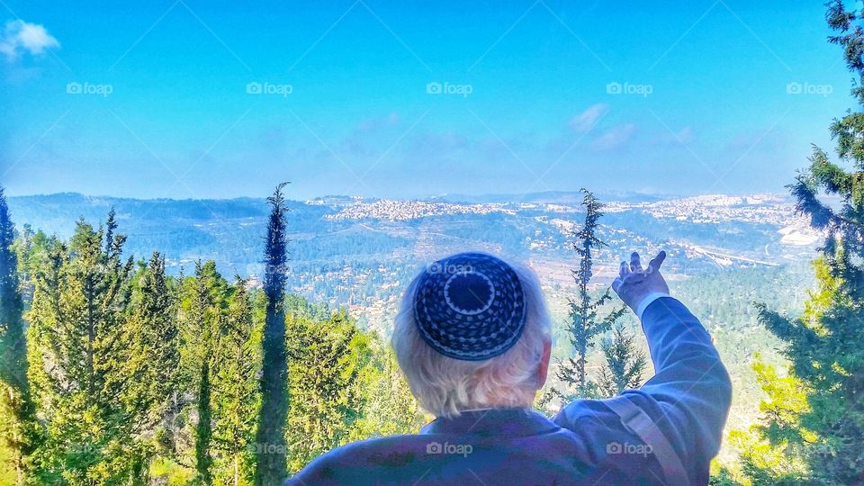 tour guide at Holocaust Memorial overlooking Jerusalem