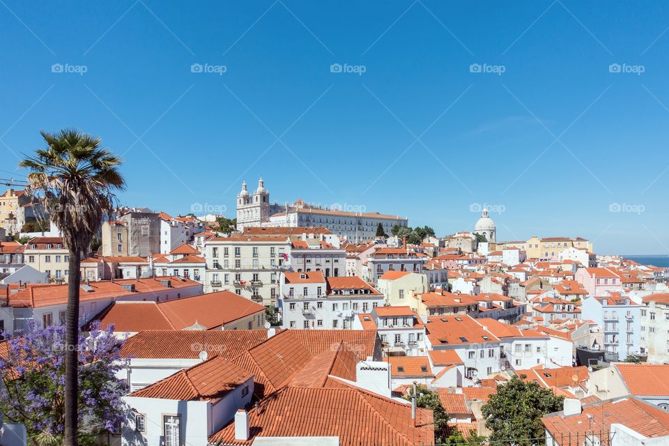 View fron Largos Portas Sol overlooking the orange  rooftops of Alfama and the Monestry of Sao Vicente de Fora