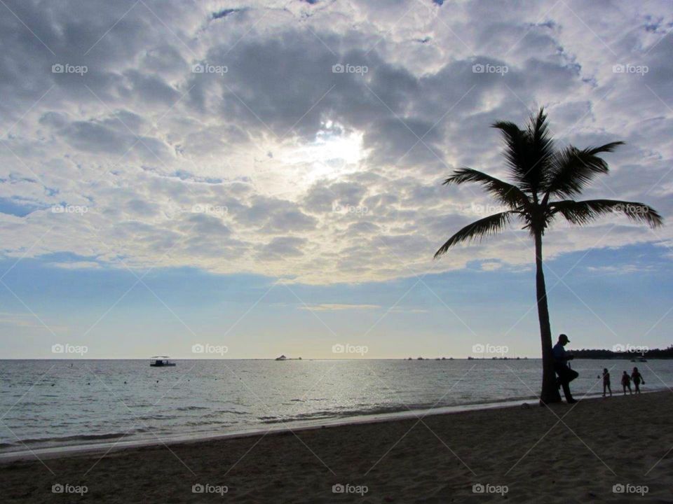 Sunrises & Sunsets of USA! Beach showing a beautiful sunrise through clouds lighting up the ocean & putting palm tree and people in silhouette. Reflections of sun on the water is pretty.