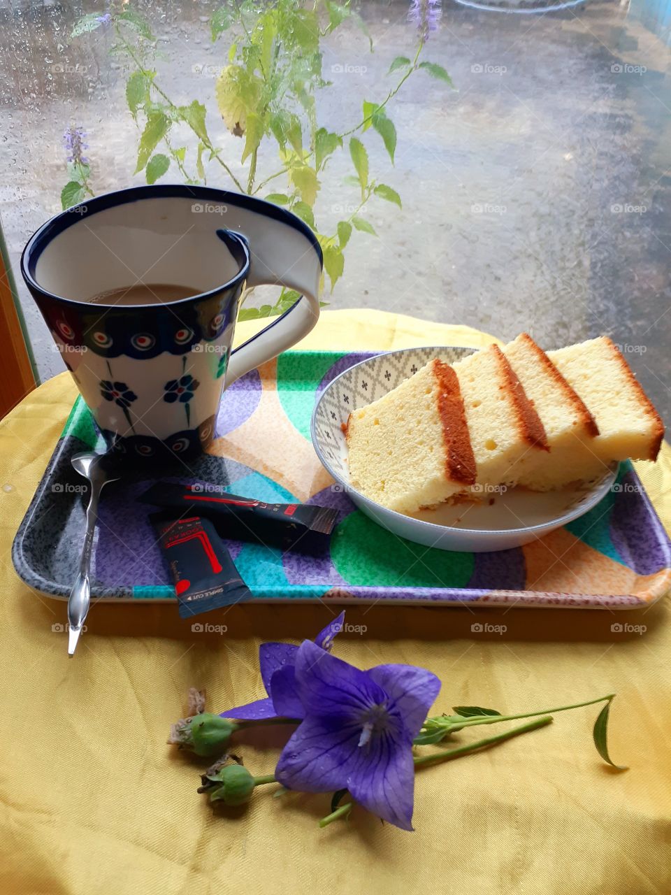 warm coffee with some cakes on the cold rainy days.