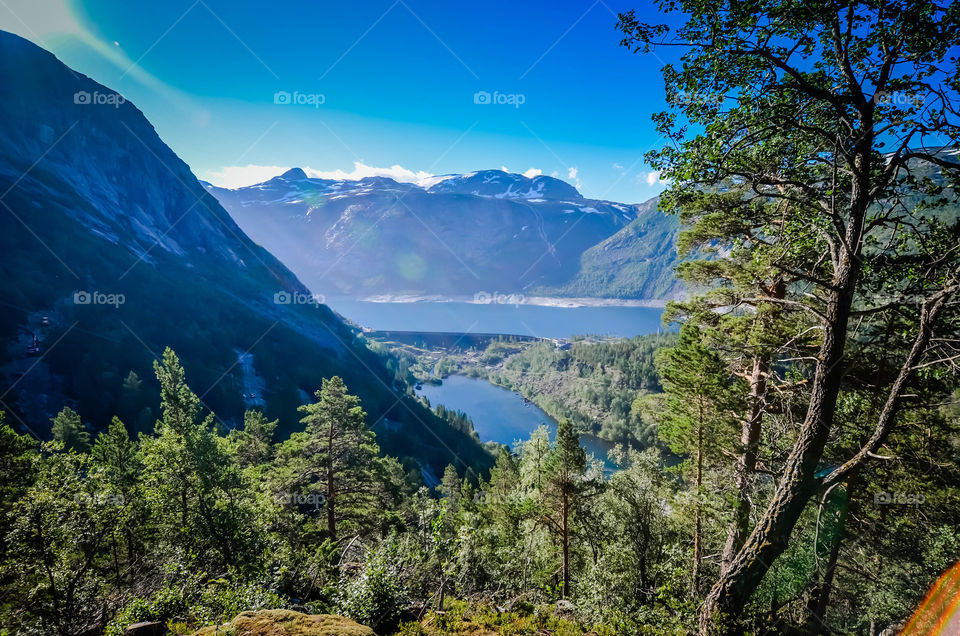 Scenic view of snowy mountains