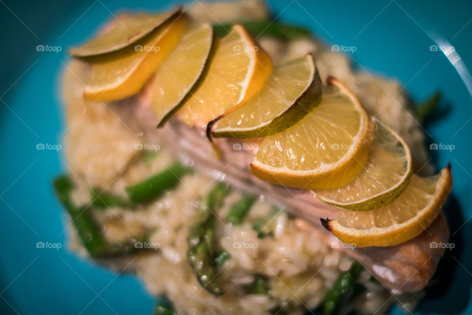 Citrus baked salmon with asparagus risotto 