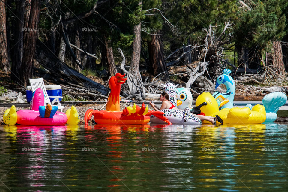 Fun inflatables on a lakeshore waiting for human occupants