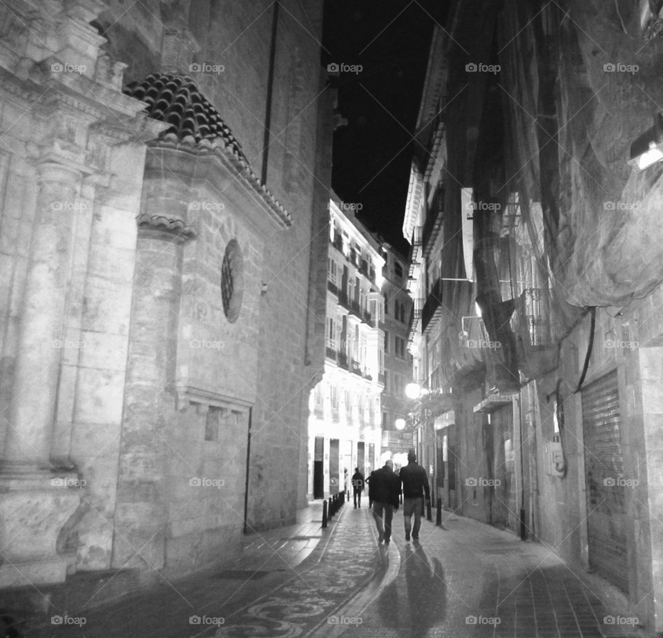 The photo shows one of the amazing narrow street in Valencia during the night. The black and white colour shows the old atmosphere of thia ancient city