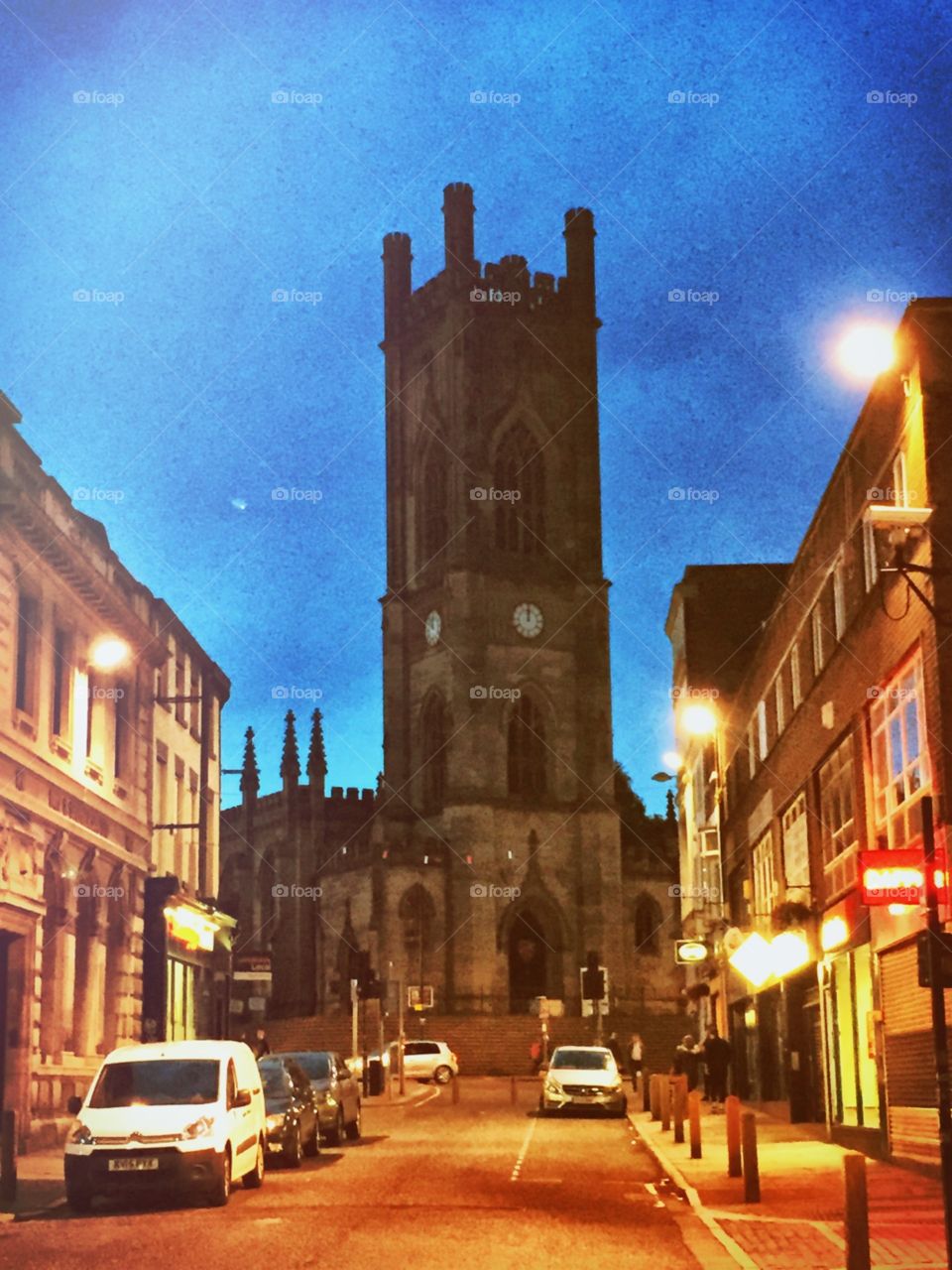 Bold Street Liverpool UK. Looking up Bold St towards St Luke's Church. Summer evening 2015