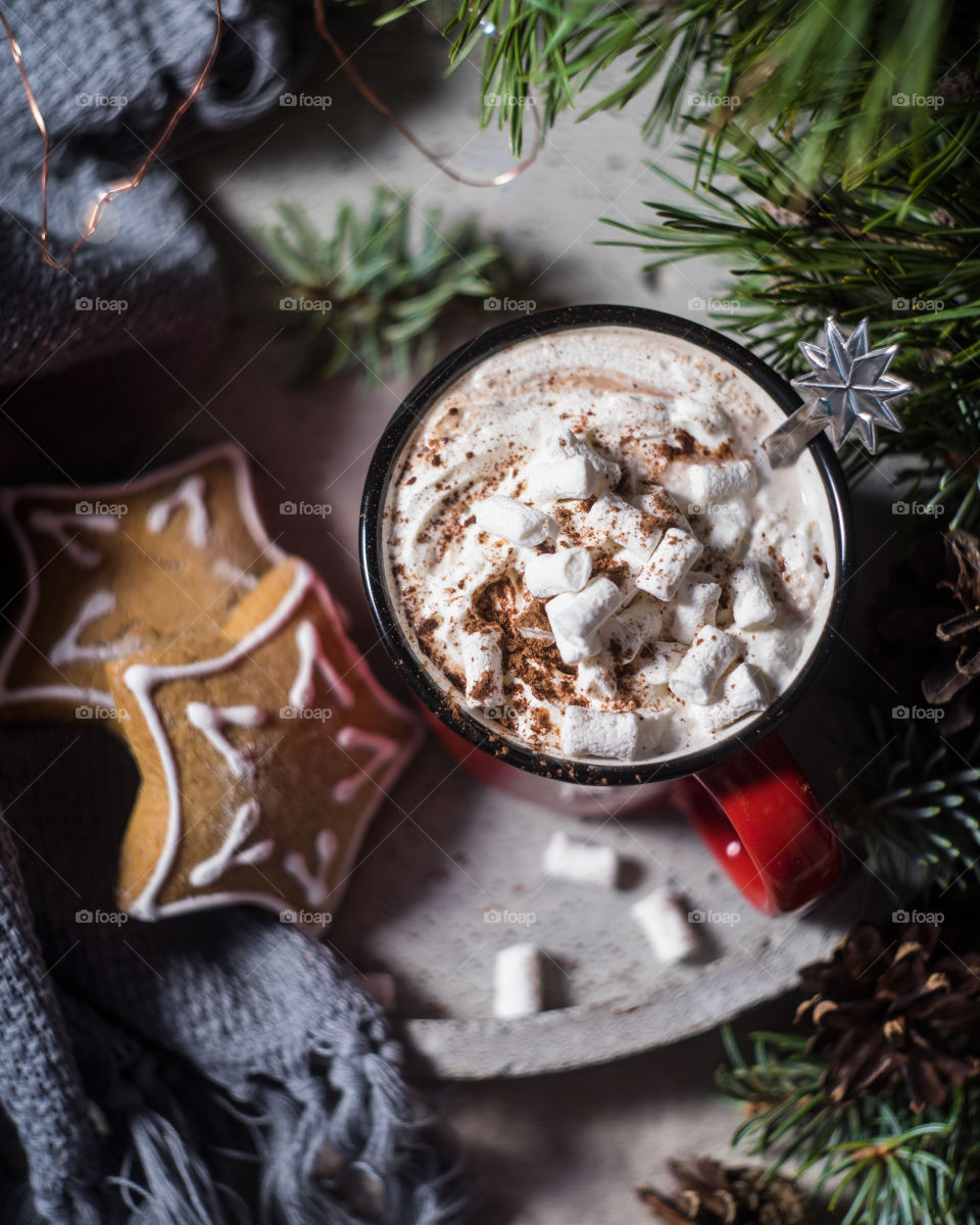 cup of hot chocolate with marshmallows and gingerbread cookies. Christmas decoration.