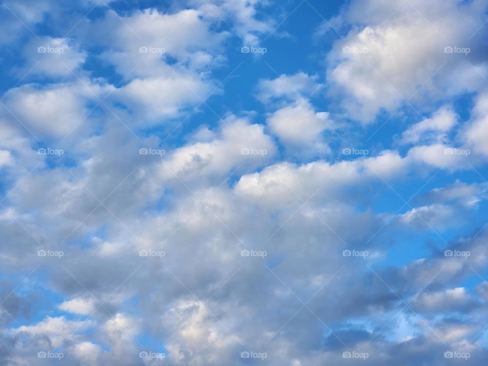 close up of vibrant blue sky with drifting gray fluffy clouds on a Summer day in Oregon