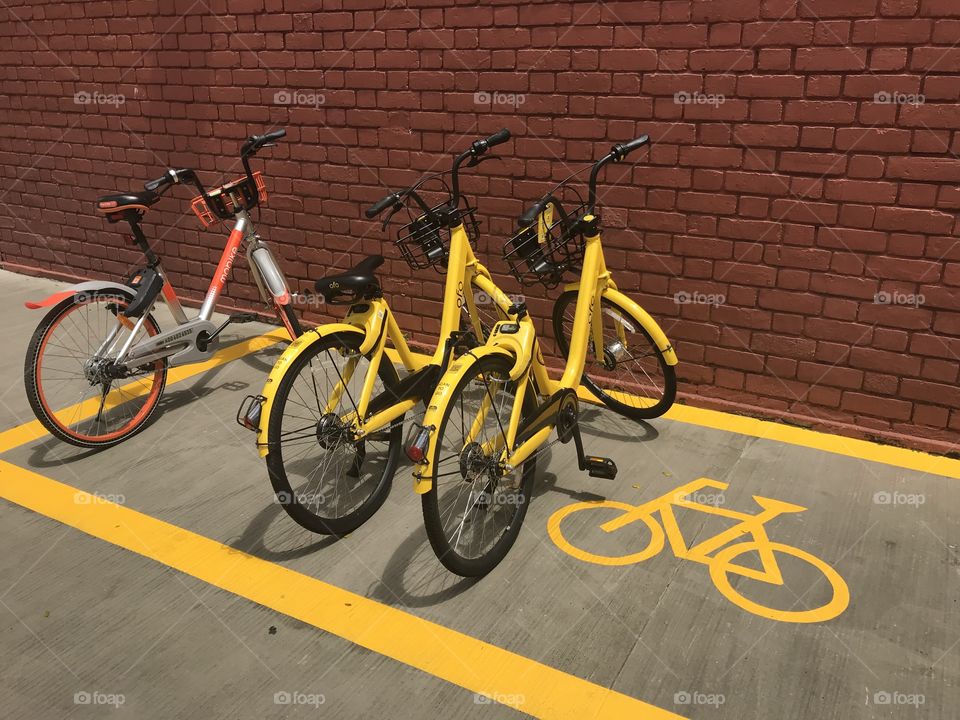 rental by application "ofo" and “mobike” brand bicycles parking in parking lot in front of Everton Park building, Singapore