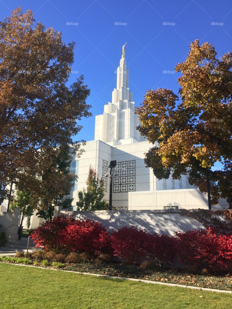 Idaho Falls LDS Temple surrounded by vibrant autumn colors on a clear day