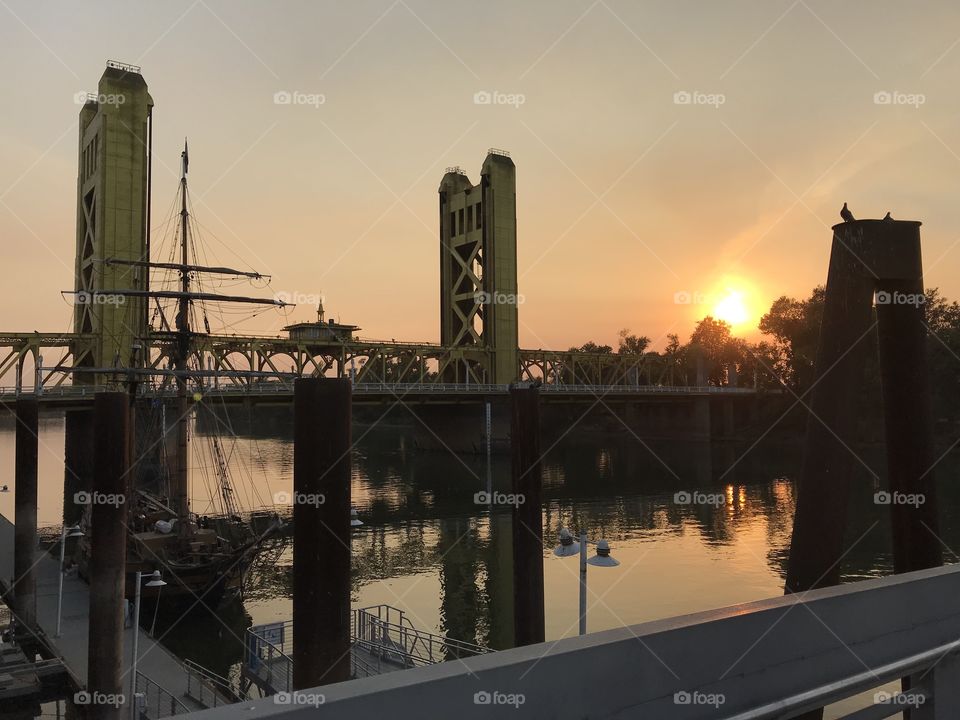 Bridge in Old Sacramento at sunset 