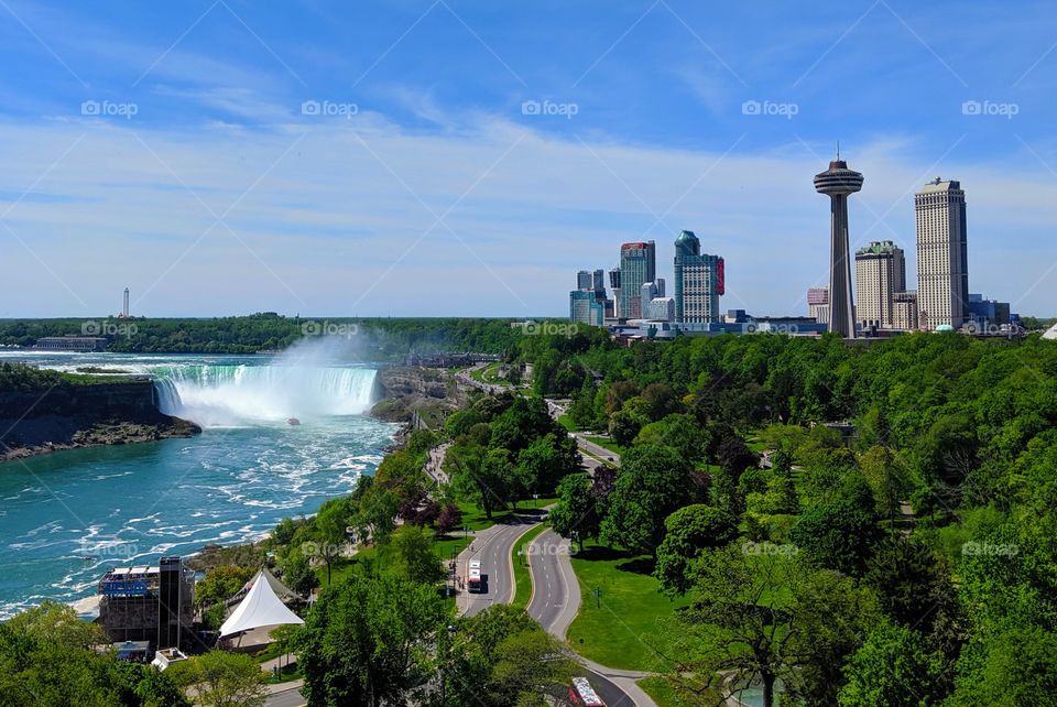View of Niagara falls from the Sheraton Hotel in Canada