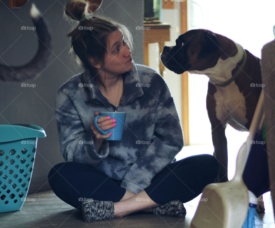 Boxer giving attitude during mom’s chore break.