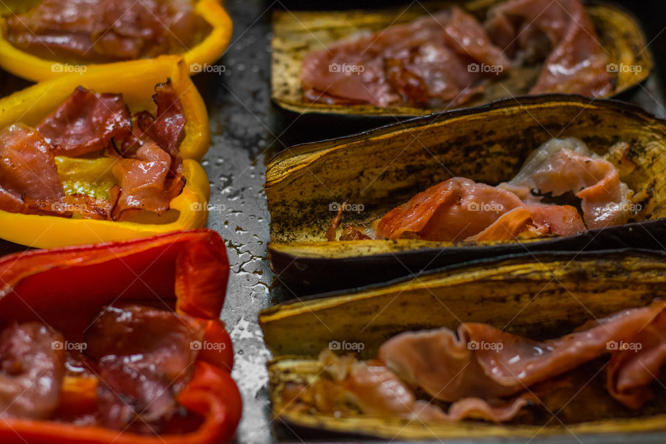 grilled pepper and eggplant with delicious ham, fresh pepper and garlic