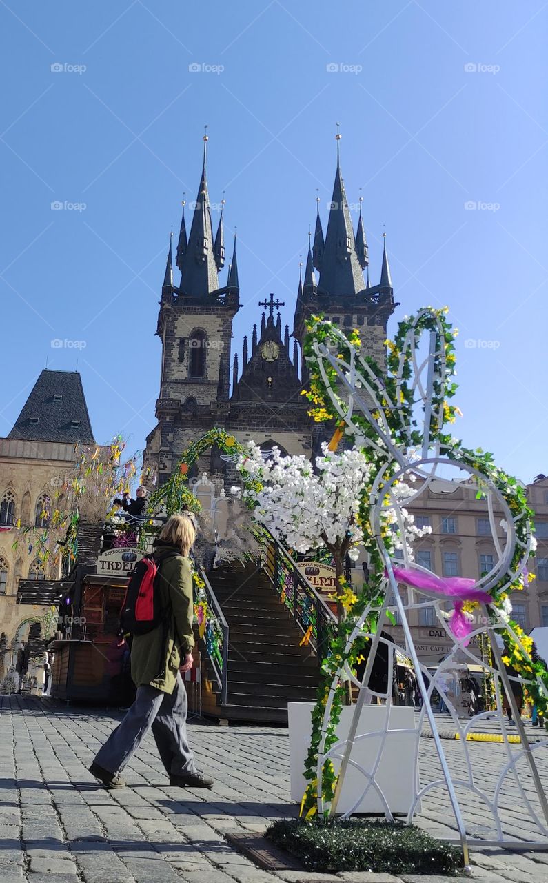 Easter Prague. Old Town Square. Týn Church.