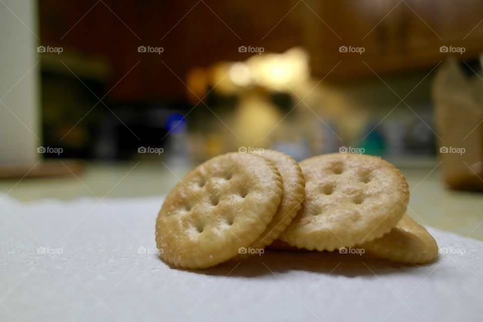 Round buttery crackers on the kitchen countertop
