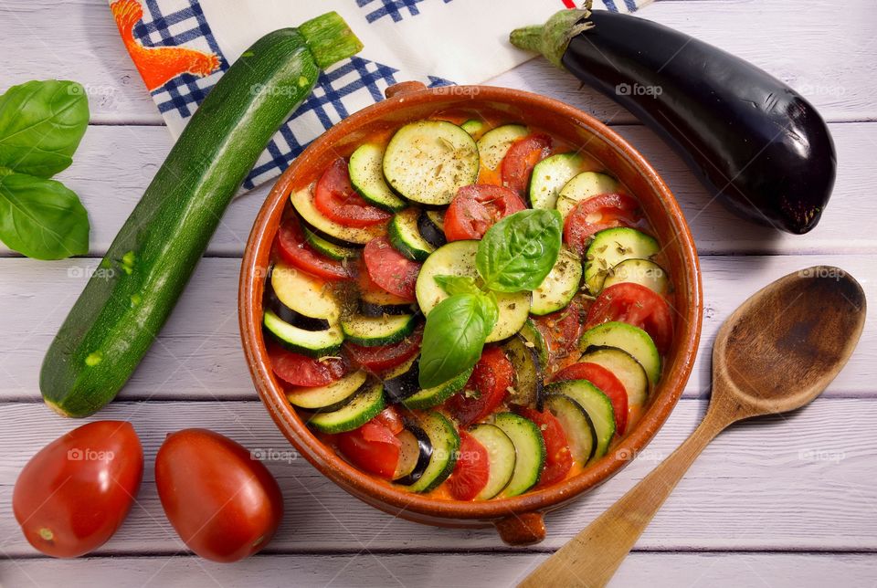 High angle view of ratatouille casserole