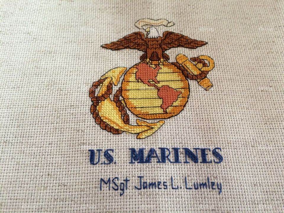 Cross stitch for my uncle Jim, in the Marines .
