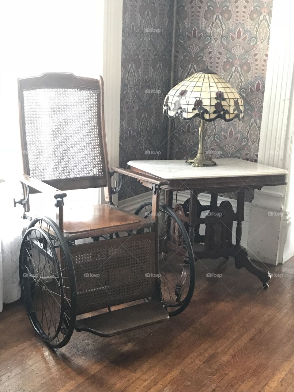 Vintage Wheelchair, Table & Lamp