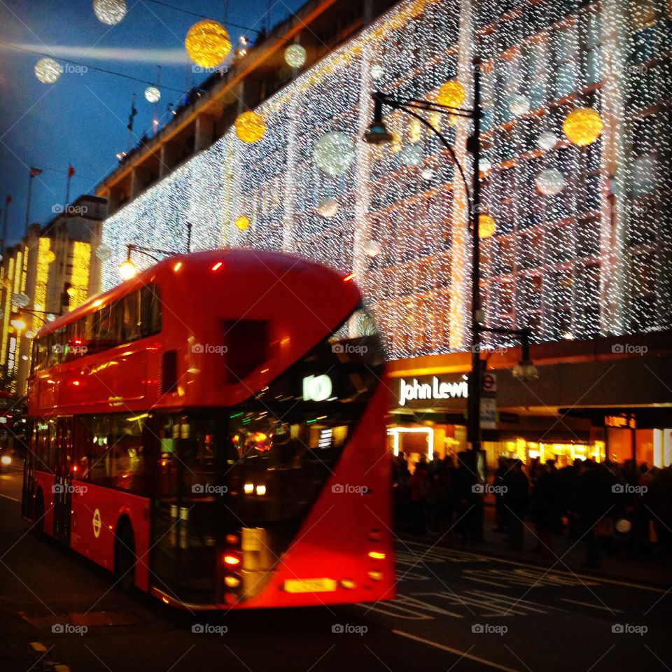 Oxford street. London Oxford street, red bus and Christmas lights 