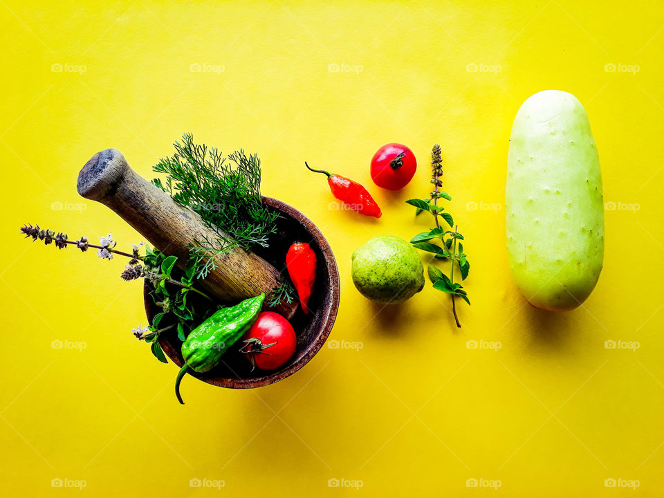 Beautiful and  colourful herbs and vegetables for fresh and spicy chutney