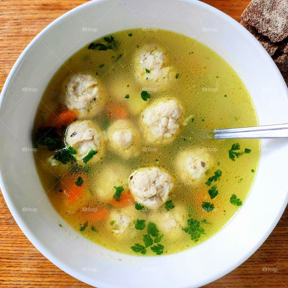 Delicious soup with chicken meatballs.