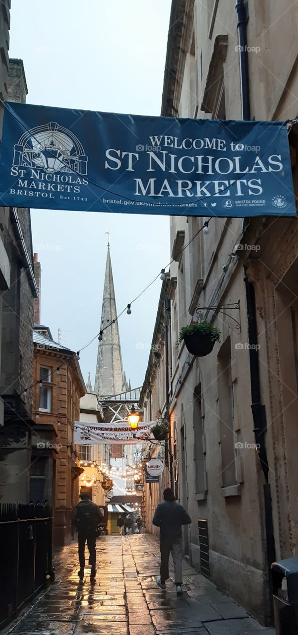 Bristol st nicholas market on a rainy winters day