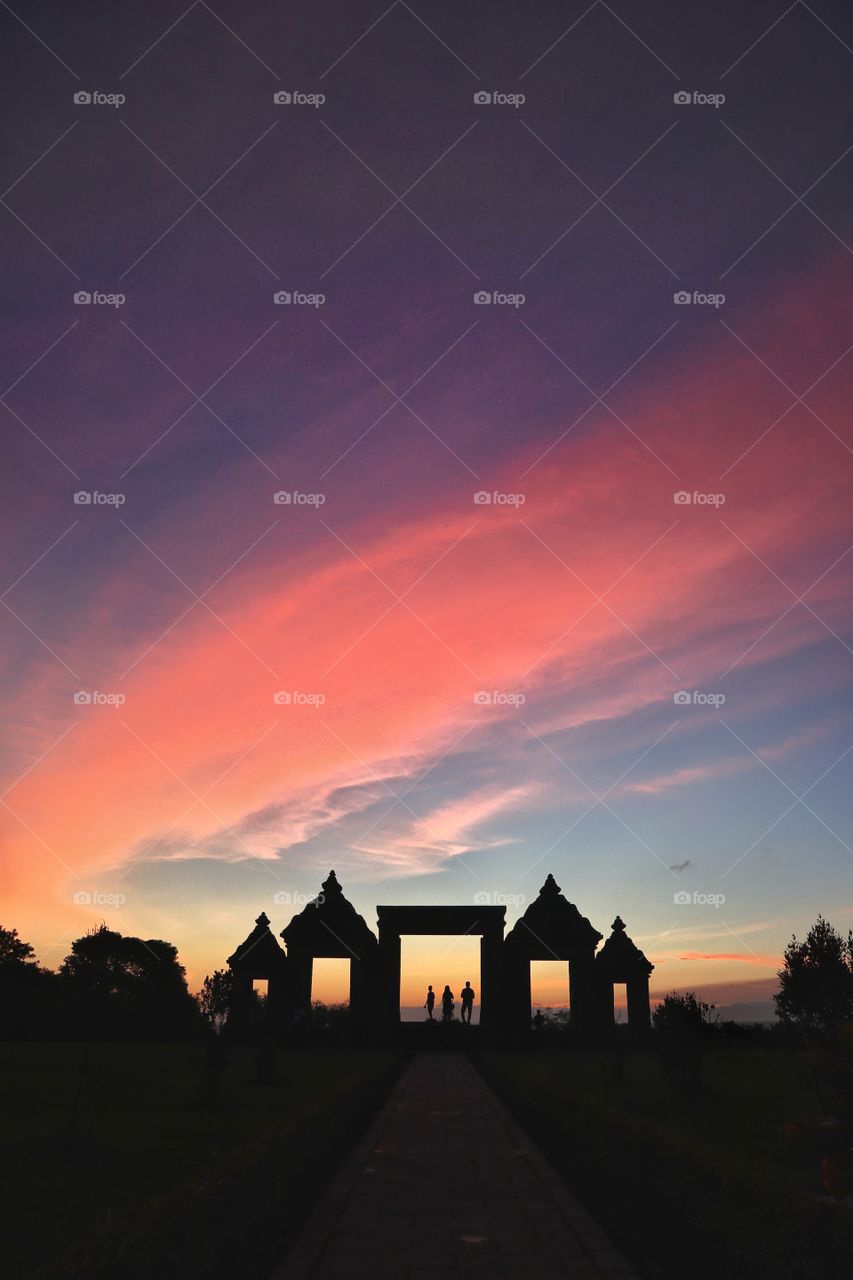 Silloutte at the front gate after the sundown. Taken in an archaelogical site of ratu boko palace, Jogjakarta, Indonesia
