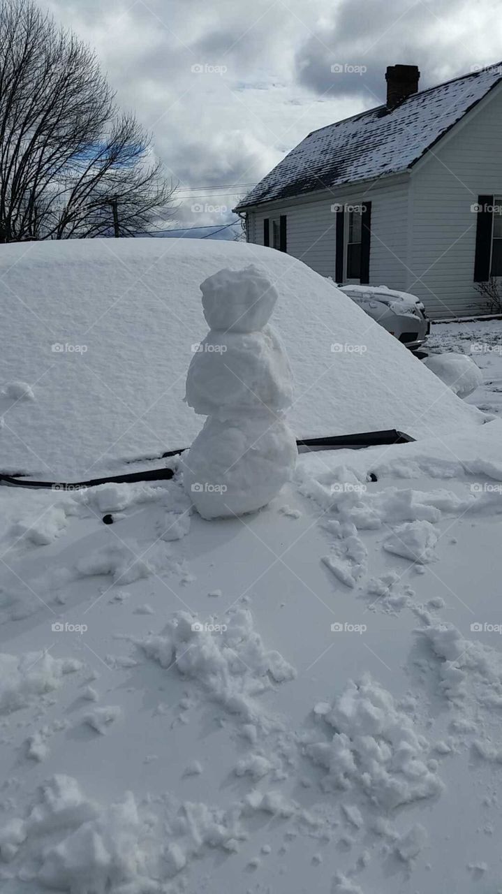baby snowman on car