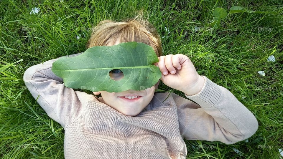 little boy with a leaf on his face on the grass