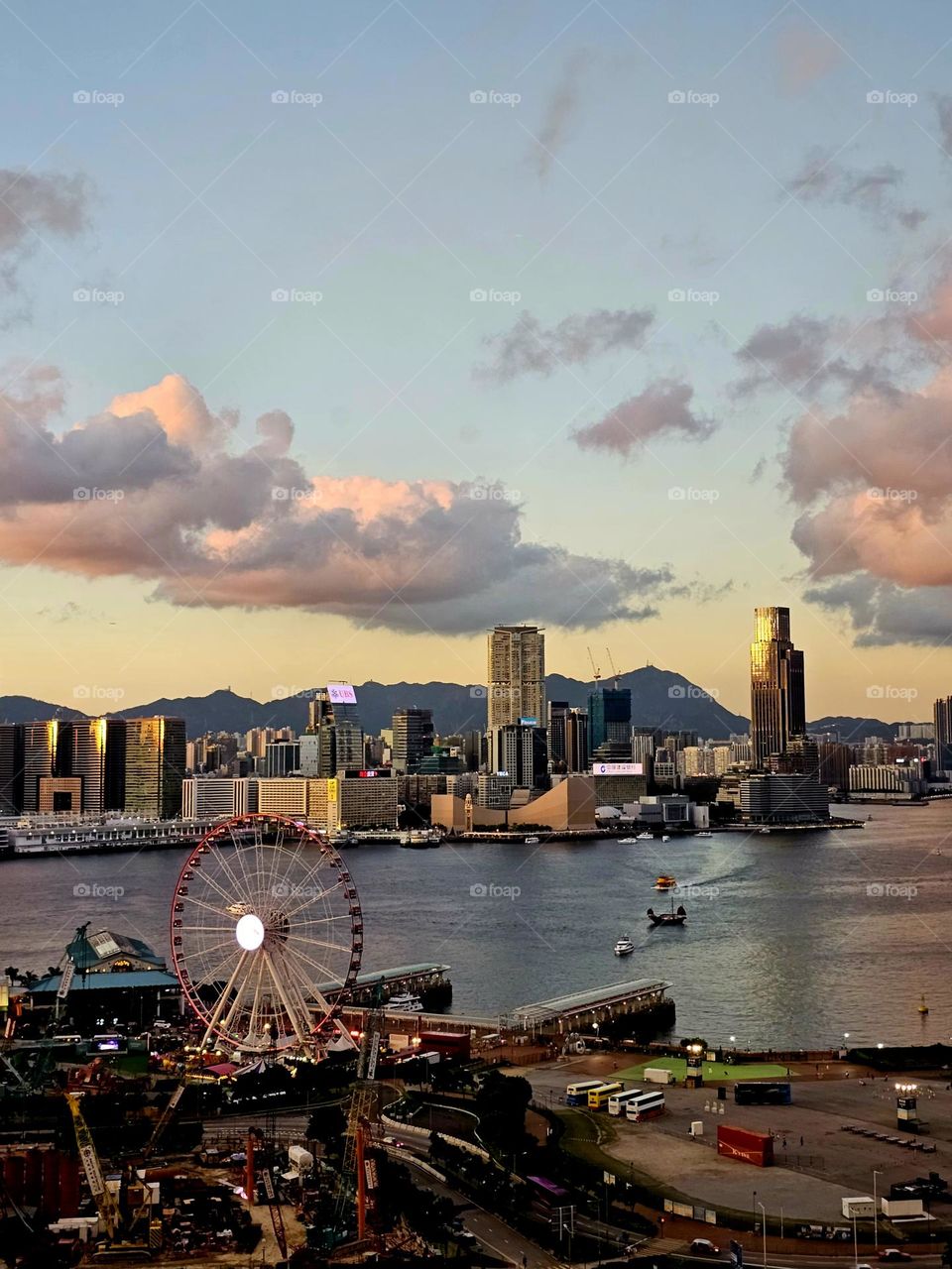 Summer evening sunset at city pier harbour