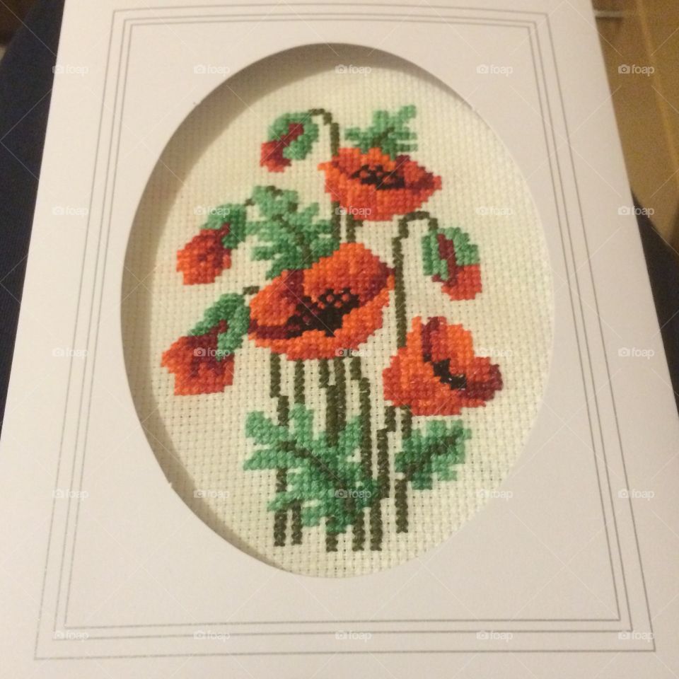 Poppies cross stitch card - handmade 