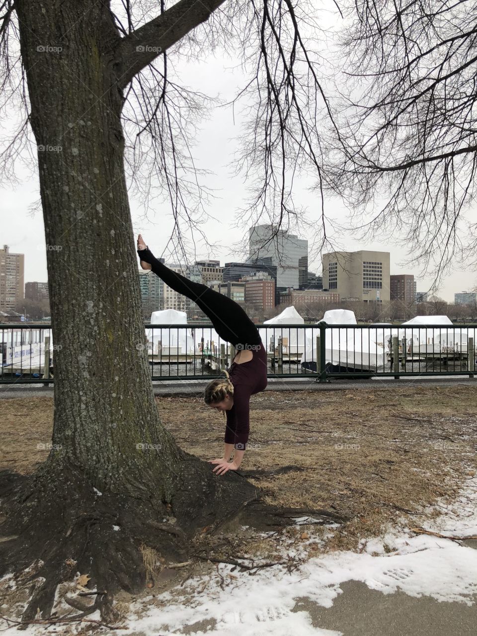 Hand standing in front of the beautiful Boston harbor 