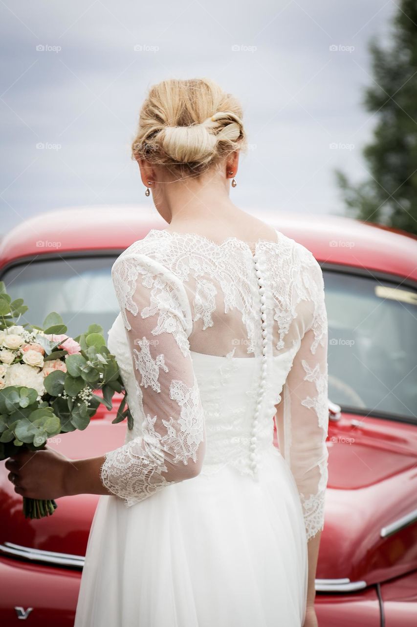 The bride’s blonde hair 