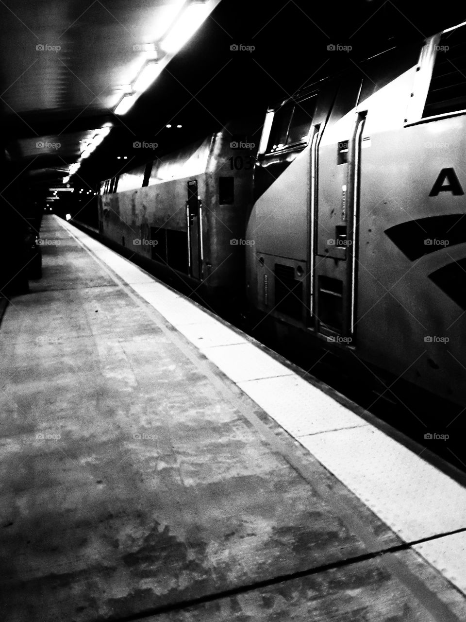 Amtrak Train in Station Silhouette  Black and White