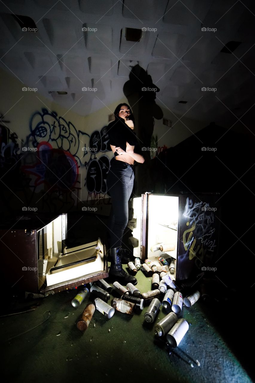 You can make a photo as dramatic as you can want to with some cell phones, a head lamp, and a couple mini lights from your Roomate.... First night. Broken window... (someone had smashed and opened it up for us) Second Night. (Plywood’s back up over the window and men with Hazmat suits are demolishing the building beside us) Third night.  Neither of the buildings exist anymore and what we got for photos are he only memories we have. That’s why I love photography. I locked this and a few other photos in time. That building will live on forever for me, while treasure island 🔨 🚧 builds on top of what used to be.  The shadowy pictures I have in storage will remind me.
Explore.
The.
City.
You’re. 
In.
More.
