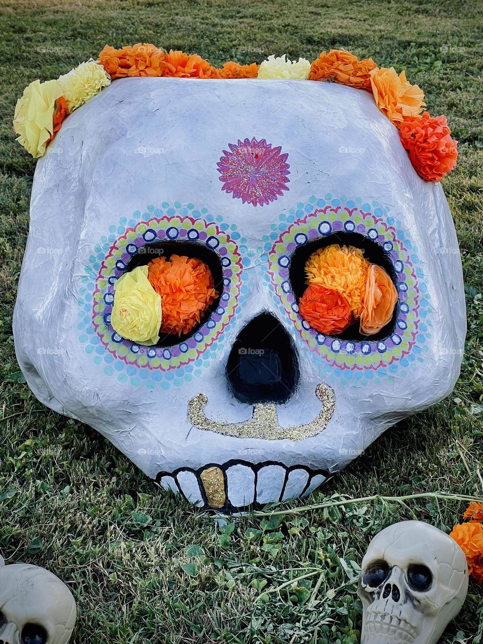 A vibrant decoration at a celebration to educate about the Day of the Dead