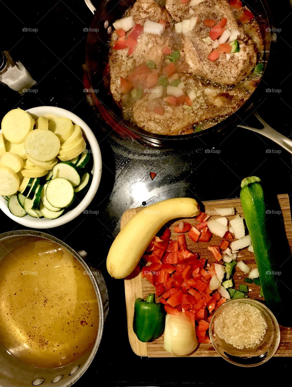 Courgette & Yellow Fried Squash With Tenderized Chicken Breast With Re and Green Bell Pepper From My Garden And Onion, garlic, and White Wine