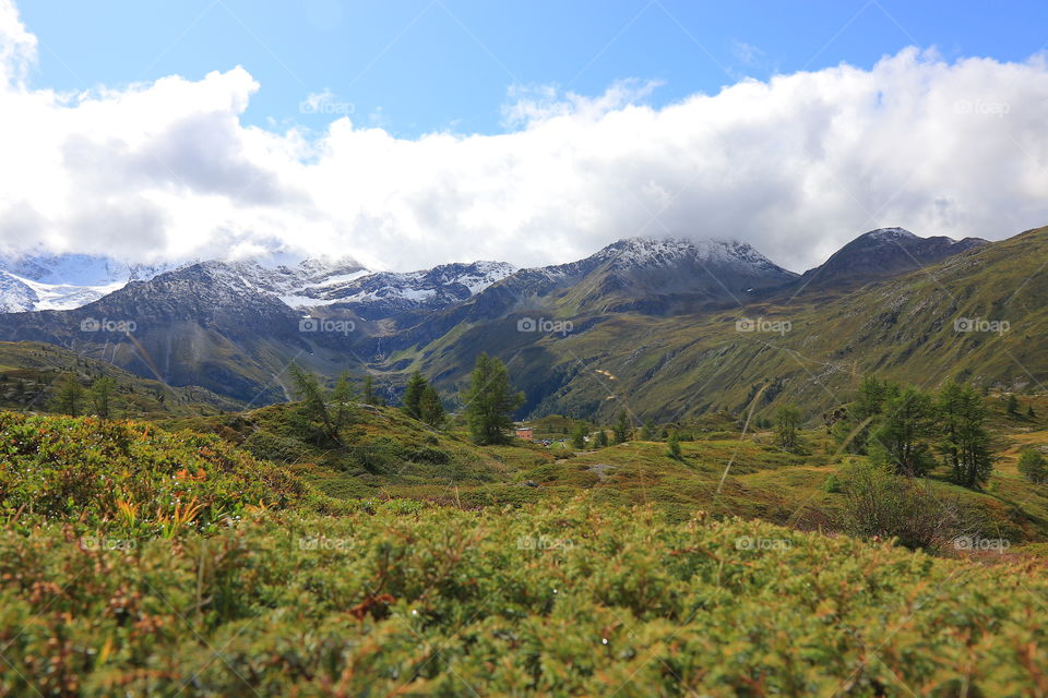 Beautiful snowy Alpine mountains under white clouds, green meadows and beautiful trees