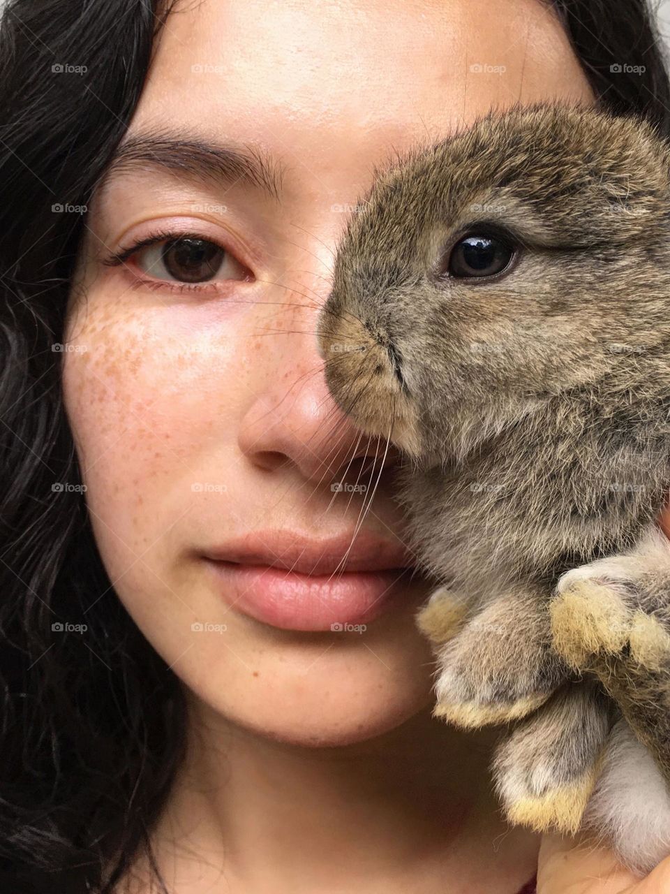 Beautiful selfie. Gírl and baby rabbit