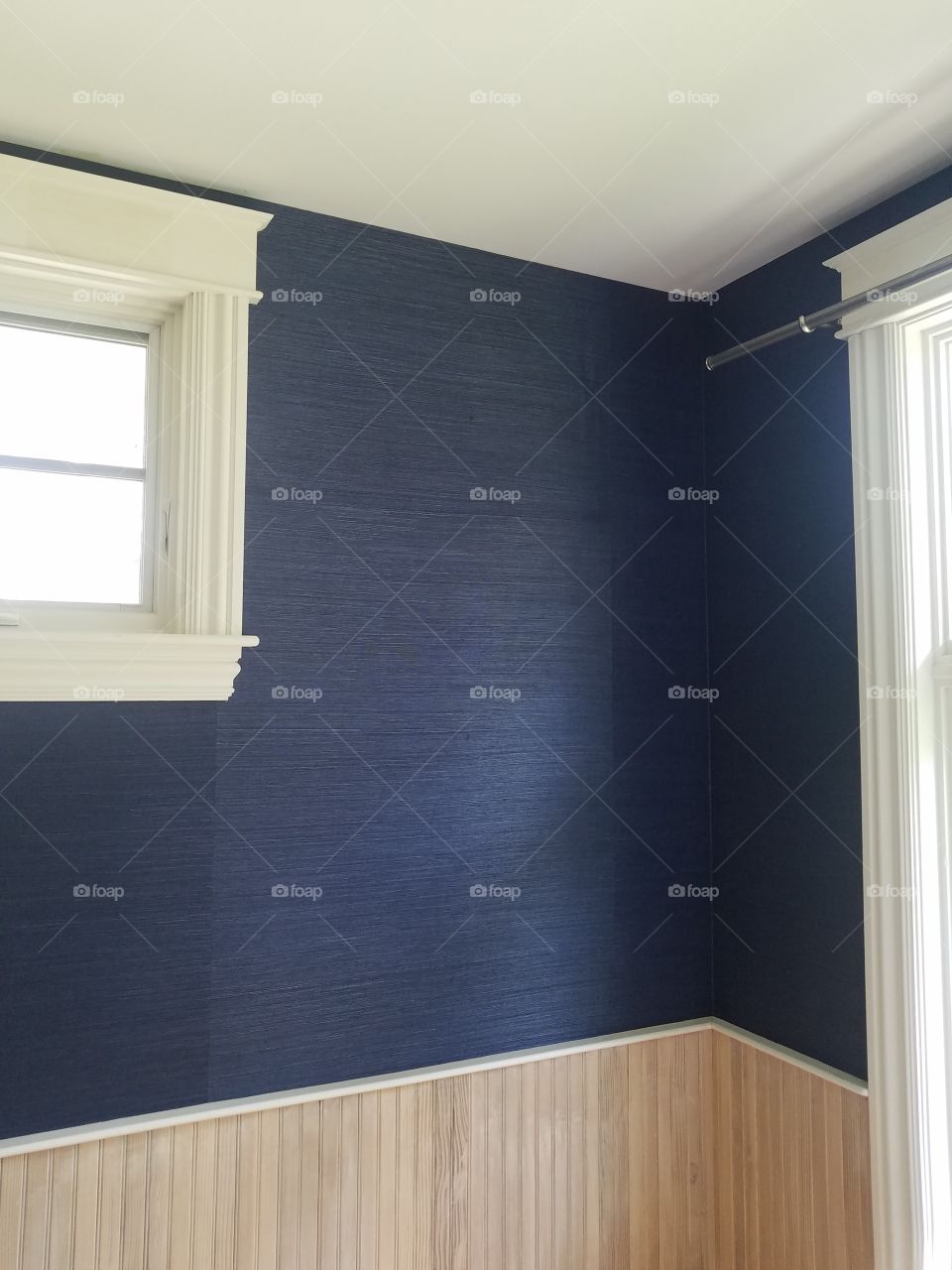 Navy Grasscloth paper in office