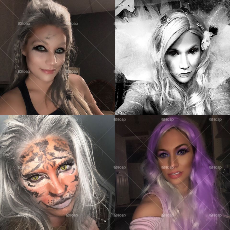 Just a little Halloween fun from 2018.  Left to right you see my best renderings of Lagartha Lothbrok Sheild Maiden from Vikings, Courtesan of the night in black and white, Lady Tigress, and Purple unicorn fantasy hair.  