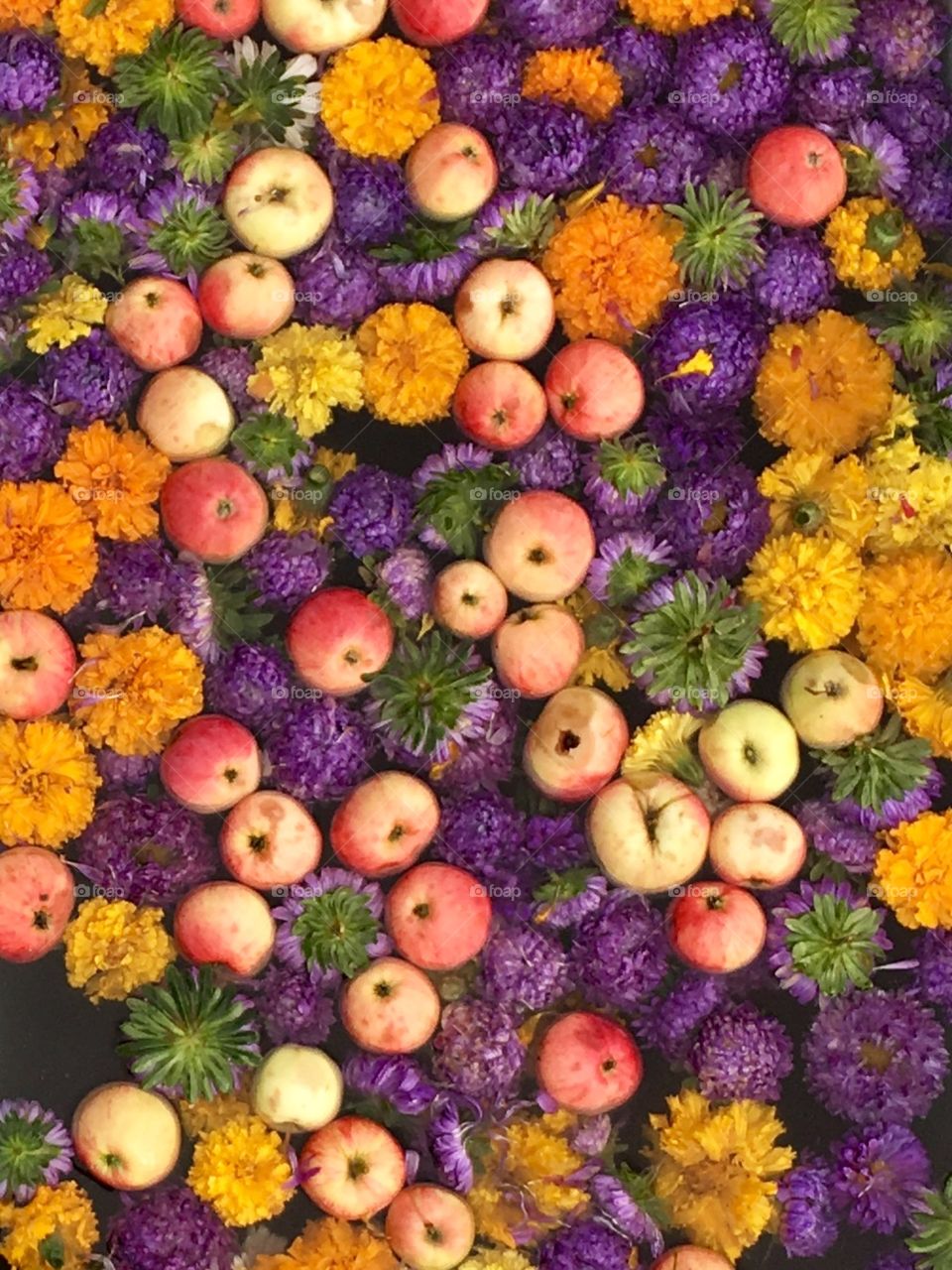 Potpourri of flowers and apples in autumn colors 